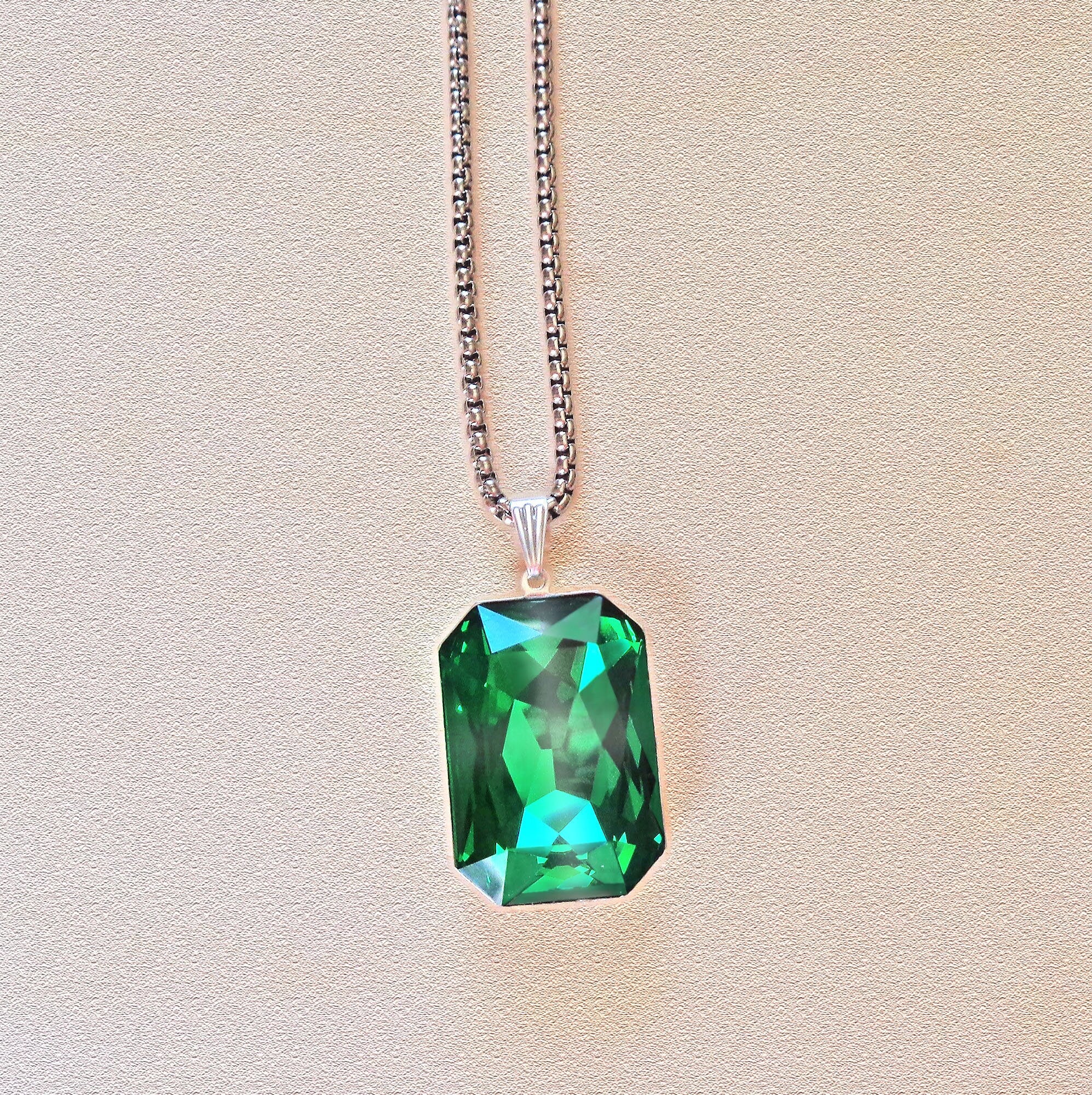 Crystal  large rectangular pendant necklace majestic green,stainless steel
