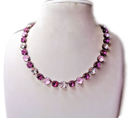 A ROSE IS A ROSE crystal tennis  necklace,dark rose and soft pink,