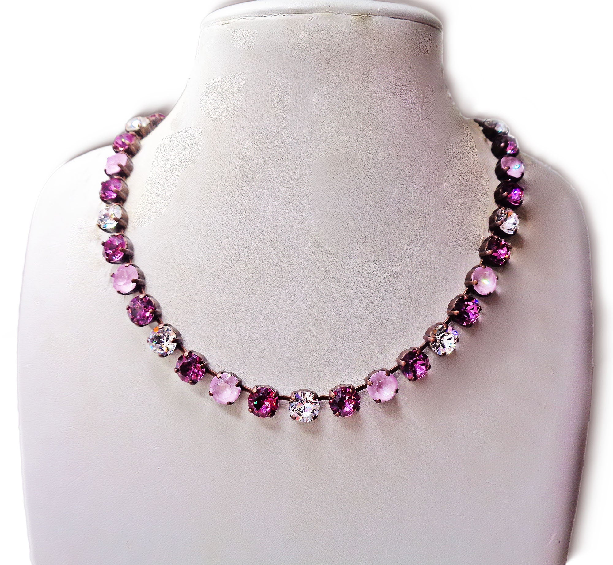A ROSE IS A ROSE crystal tennis  necklace,dark rose and soft pink,