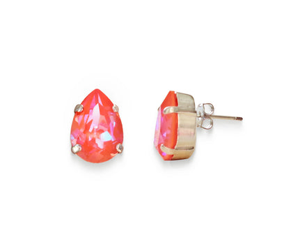 Crystal pear stud earrings orange glow ,rhodium silver
