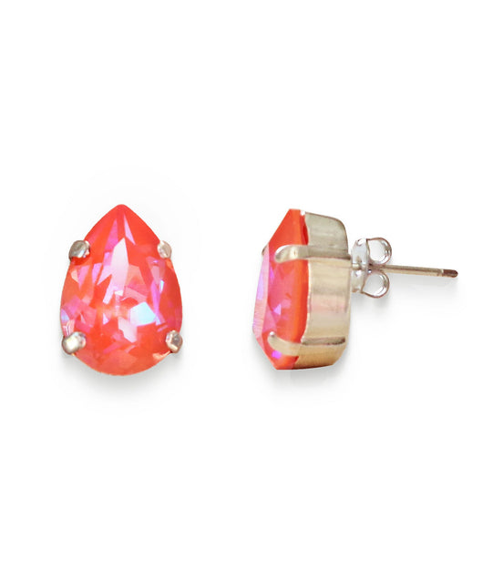 Crystal pear stud earrings orange glow ,rhodium silver