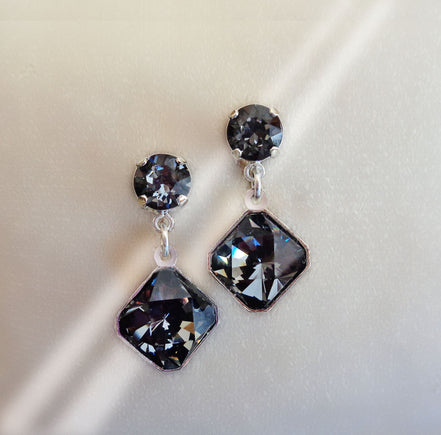 Austrian crystal  stud and drop square stone earrings,silver night ,rhodium silver plated
