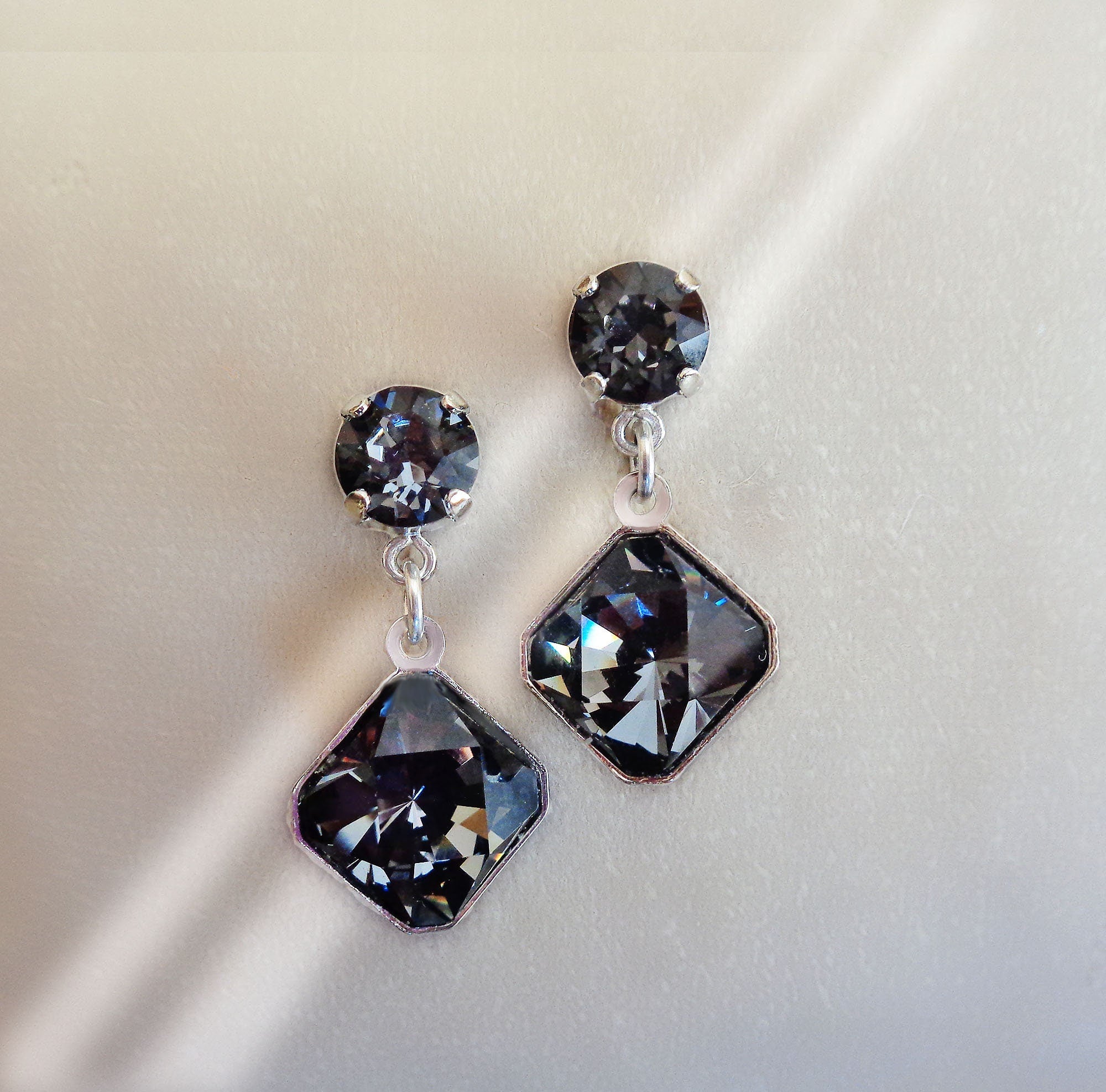 Austrian crystal  stud and drop square stone earrings,silver night ,rhodium silver plated