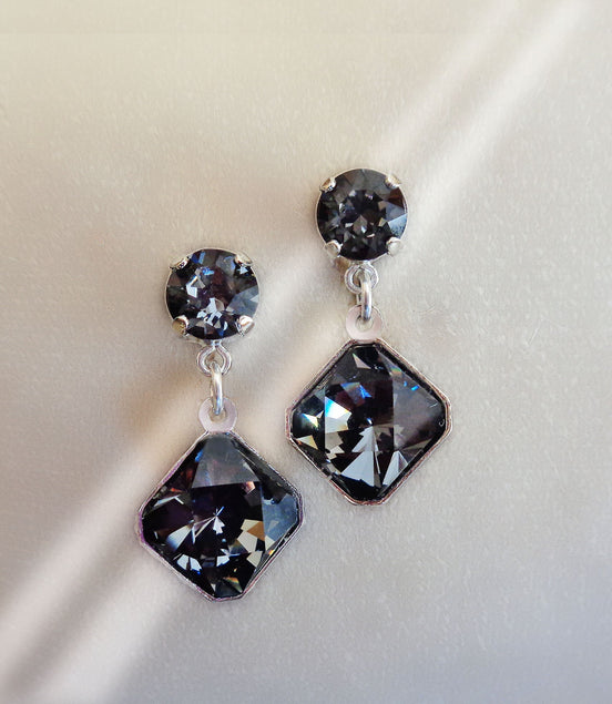 Austrian crystal  stud and drop square stone earrings,silver night ,rhodium silver plated