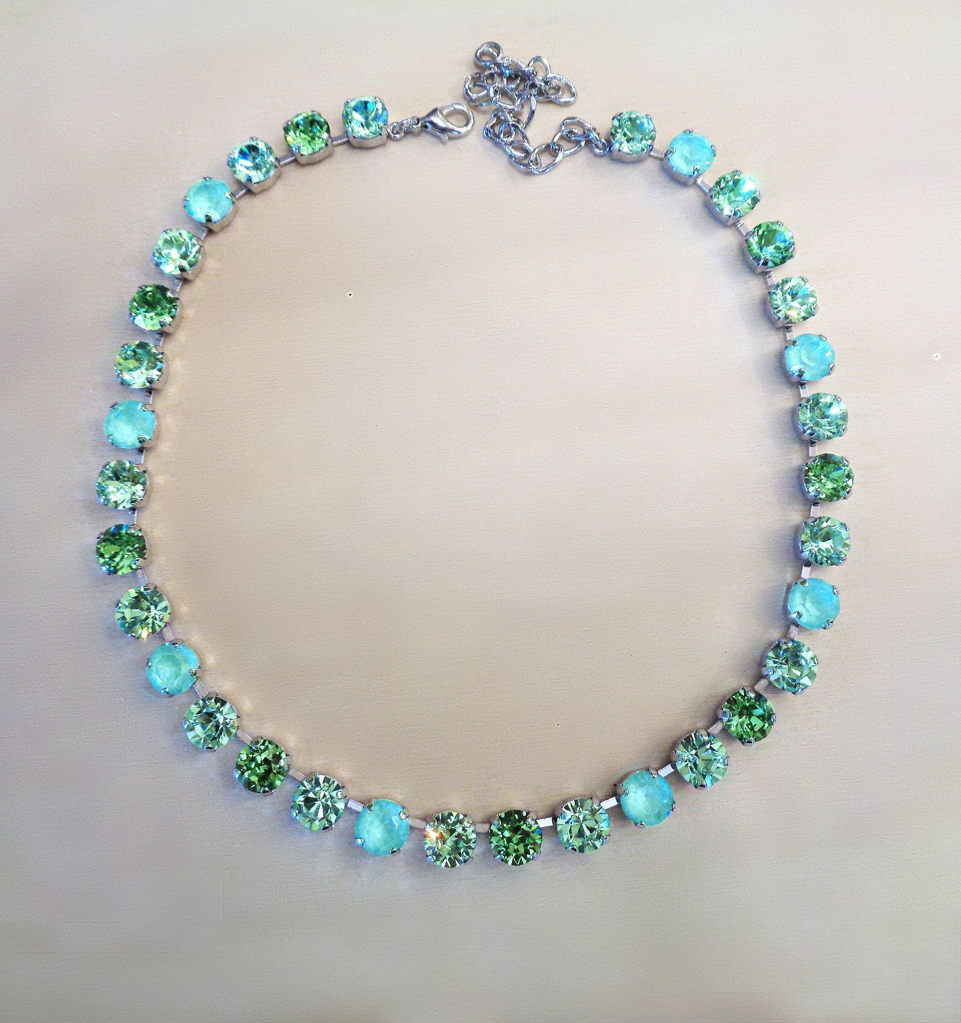 SPRING WHISPERS  Austrian crystal  tennis  style necklace,pastel greens