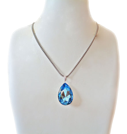Large  crystal pear pendant necklace  Aquamarine ,stainless steel chain