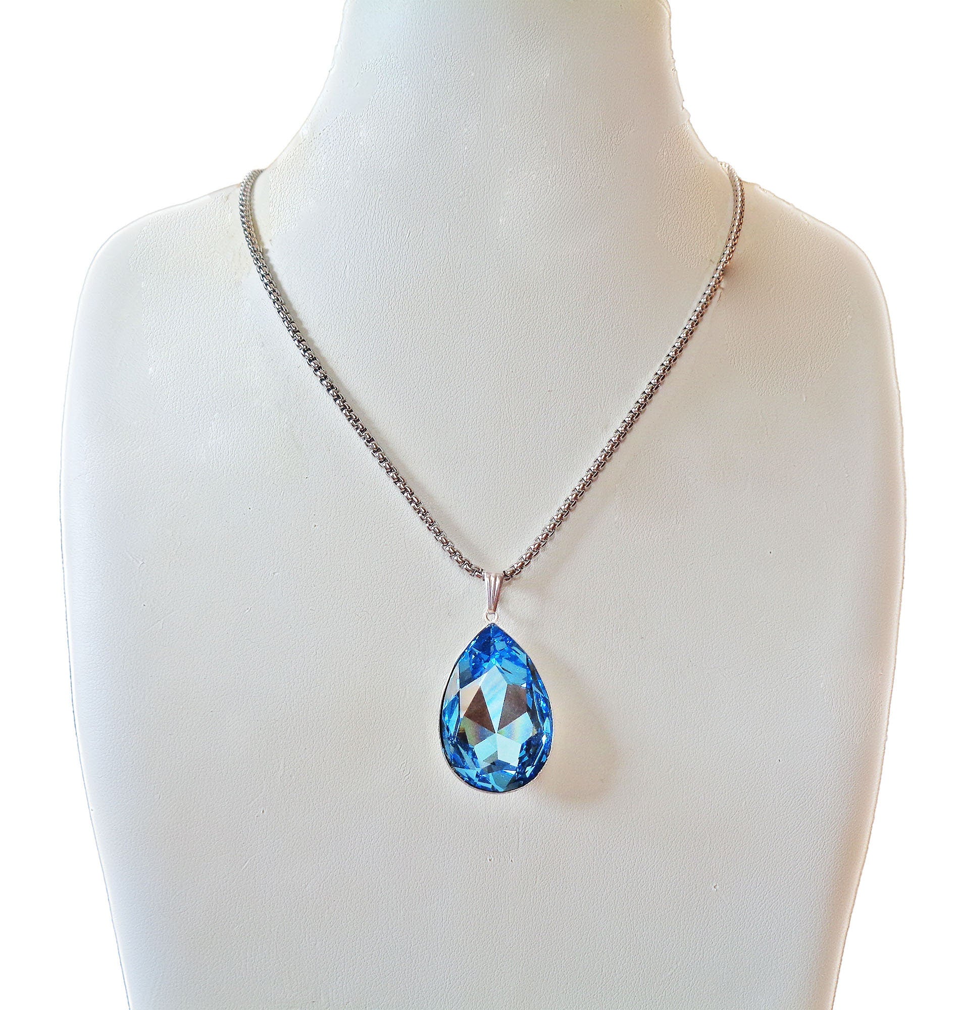 Large  crystal pear pendant necklace  Aquamarine ,stainless steel chain