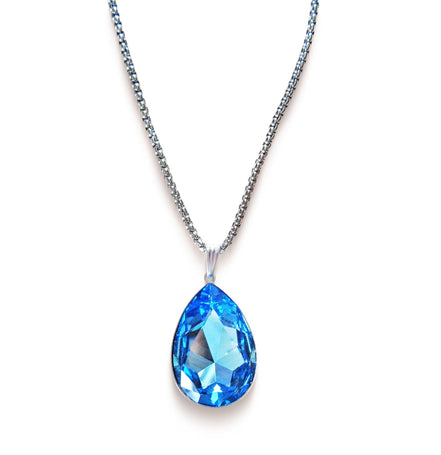 Large  crystal pear pendant necklace  Aquamarine ,stainless steel chain