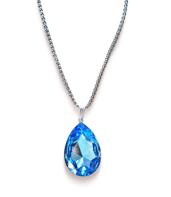 Large  crystal pear pendant necklace  Aquamarine ,stainless steel chain