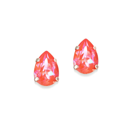 Crystal pear stud earrings orange glow ,rhodium silver