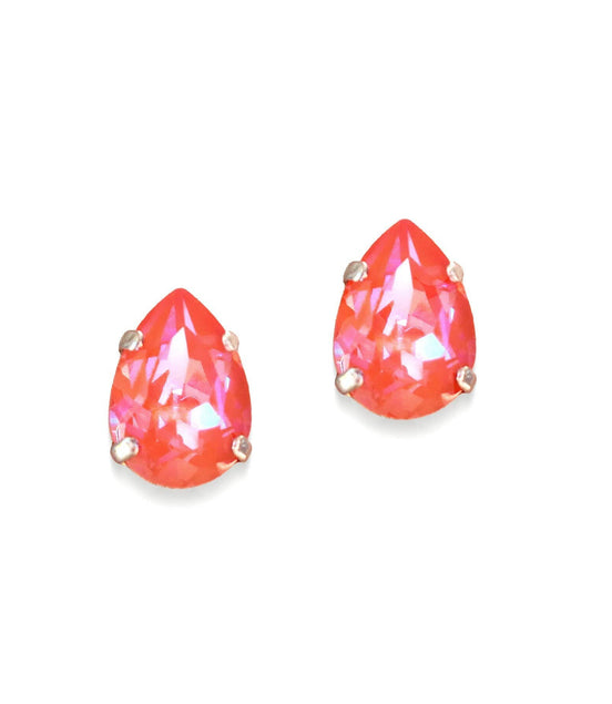 Crystal pear stud earrings orange glow ,rhodium silver