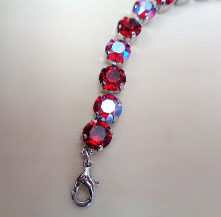 Crystal tennis bracelet red sparkle,rhodium silver