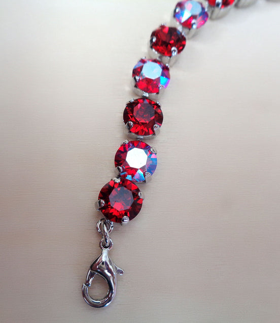 Crystal tennis bracelet red sparkle,rhodium silver