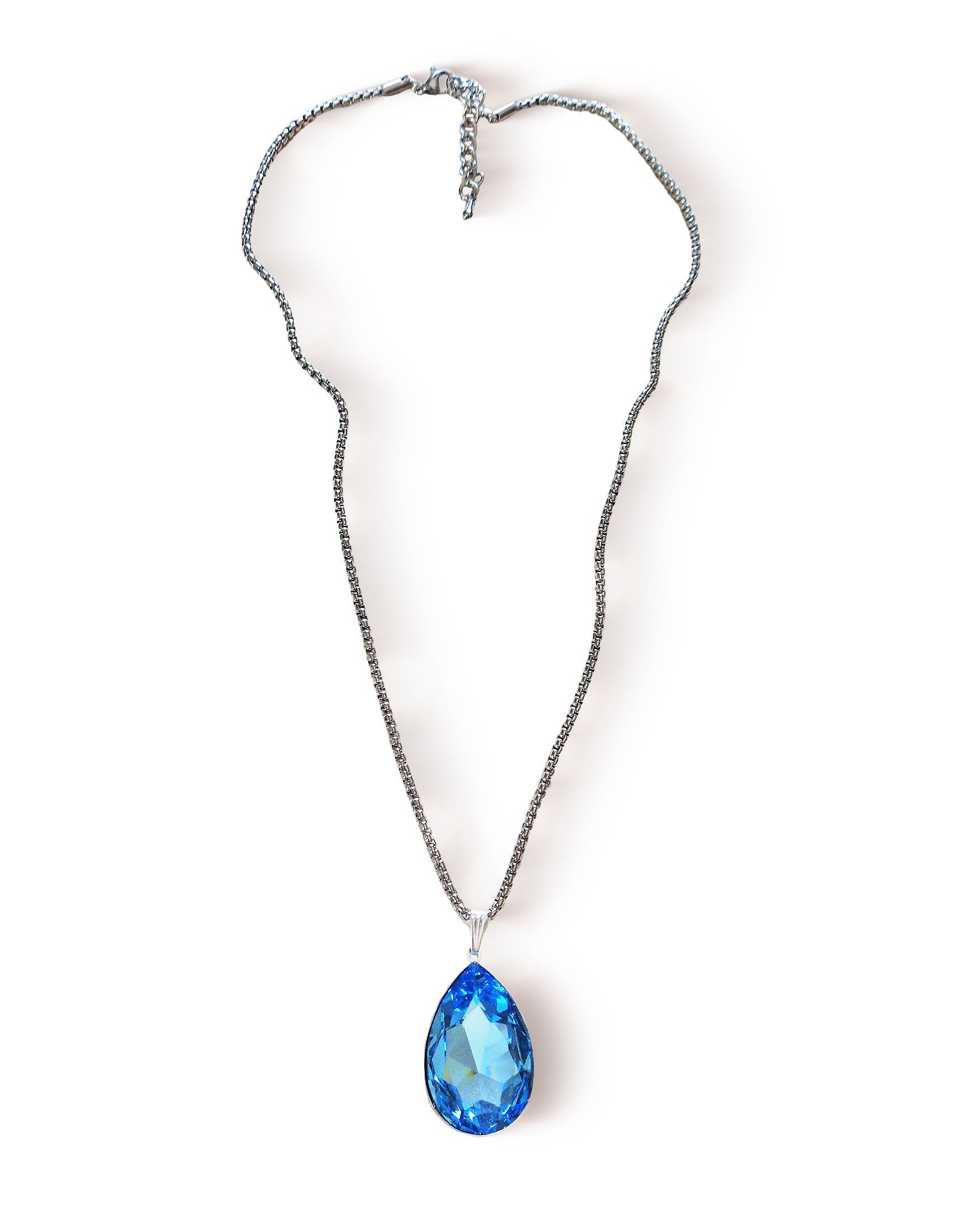 Large  crystal pear pendant necklace  Aquamarine ,stainless steel chain