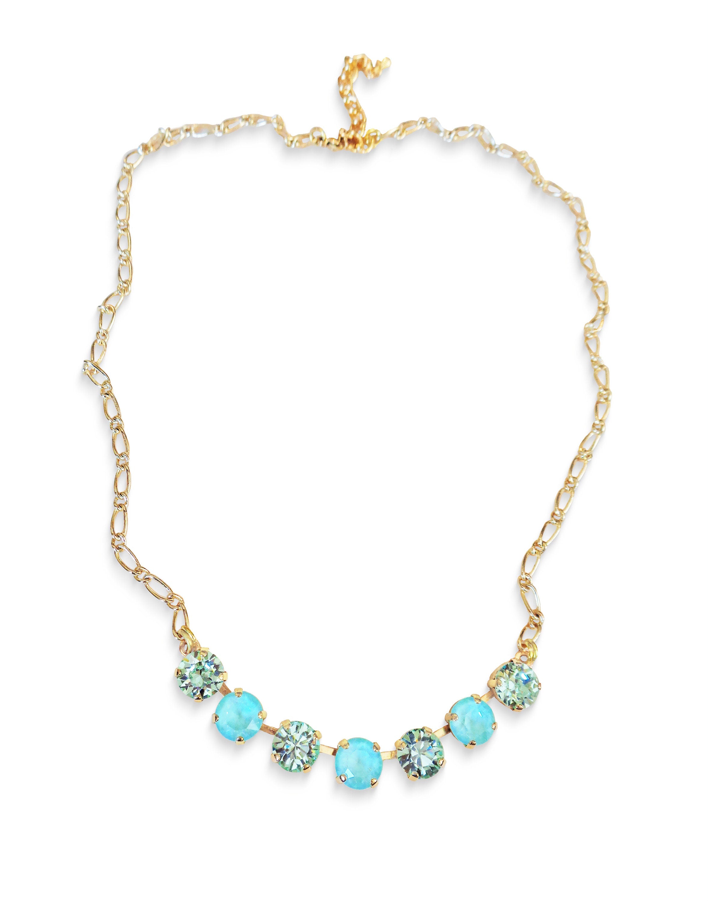 Crystal chain necklace soft greens,yellow gold