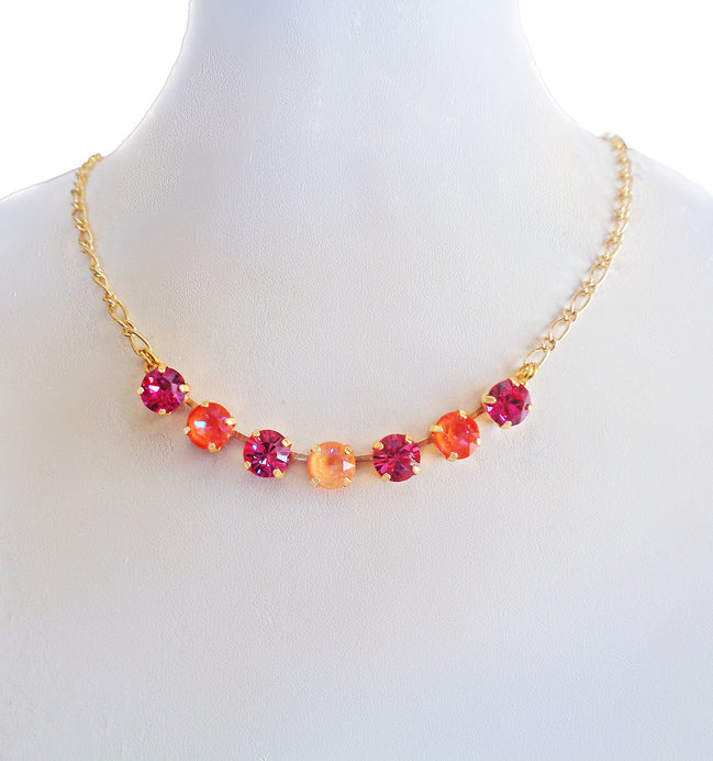Crystal  chain necklace fuchsia ,orange  ,yellow gold
