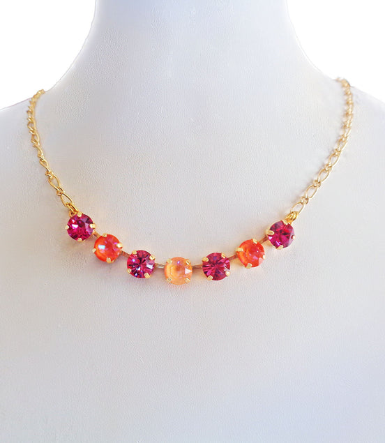 Crystal  chain necklace fuchsia ,orange  ,yellow gold