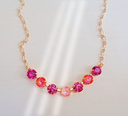 Crystal  chain necklace fuchsia ,orange  ,yellow gold