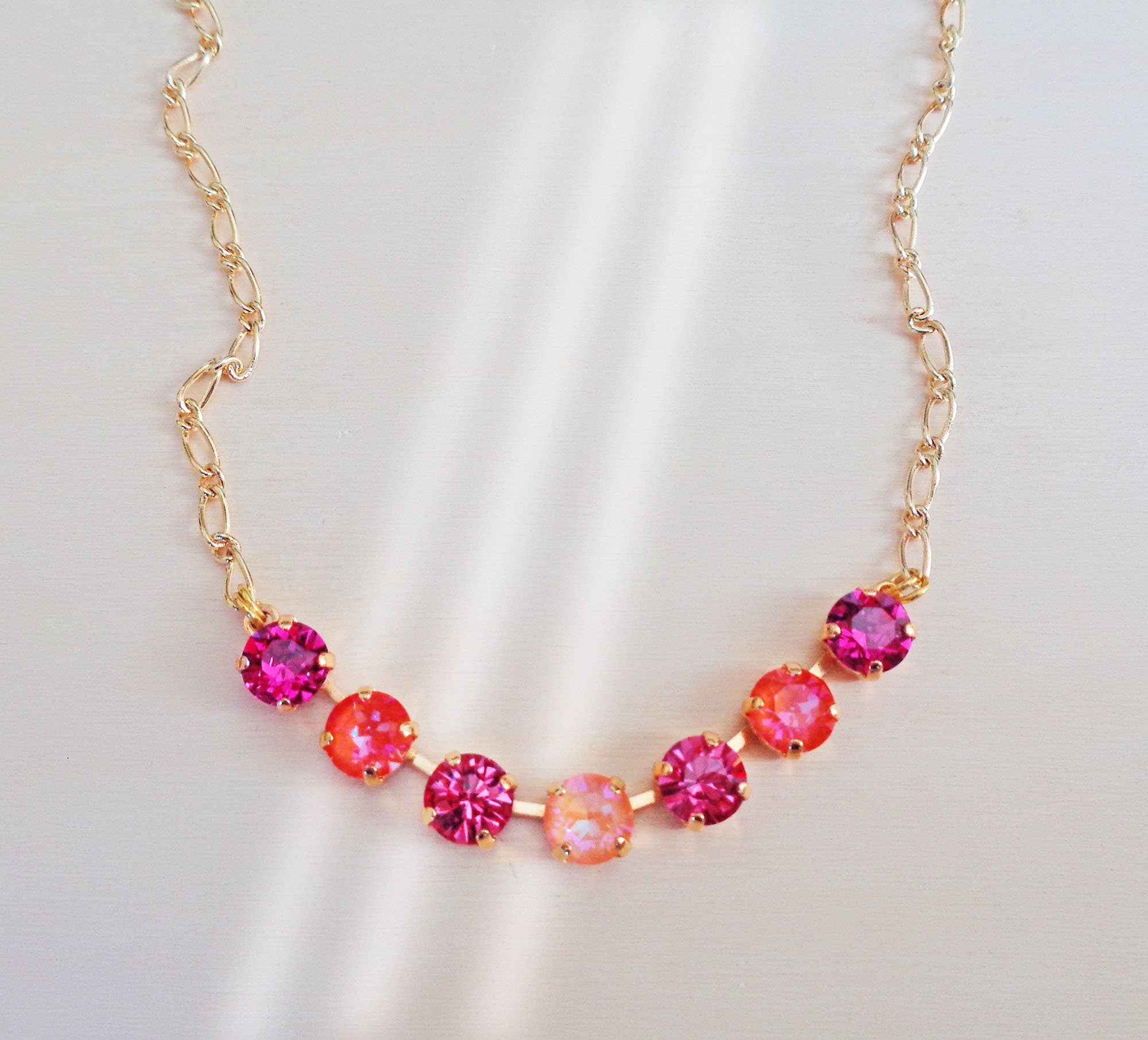Crystal  chain necklace fuchsia ,orange  ,yellow gold