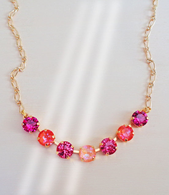 Crystal  chain necklace fuchsia ,orange  ,yellow gold