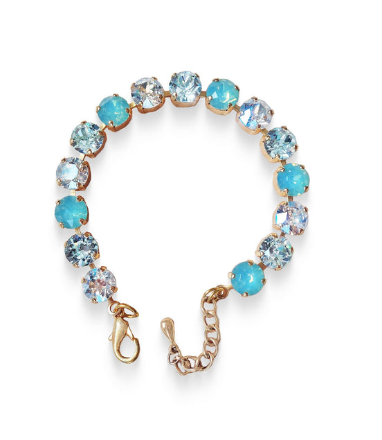 Austrian crystal  tennis bracelet  pastel blue,clear, gold plated