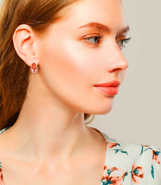 Crystal pear stud earrings rose peach,yellow gold