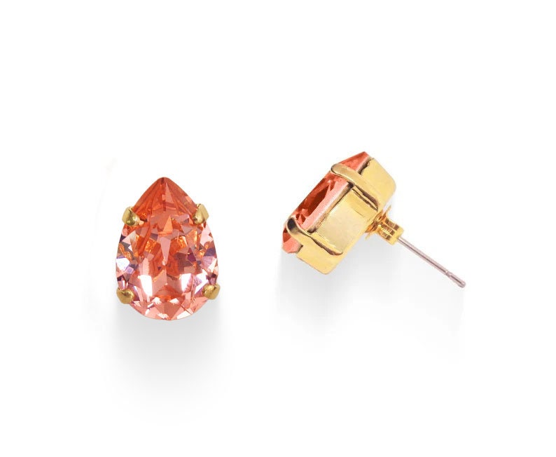 Crystal pear stud earrings rose peach,yellow gold