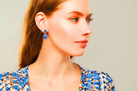 Crystal rectangular stud and drop earrings  ice blue ,rhodium silver plated
