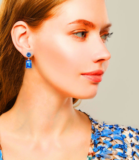 Crystal rectangular stud and drop earrings  ice blue ,rhodium silver plated