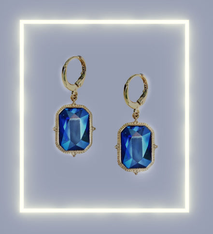 Crystal emerald cut drop earrings,cobalt  shimmer,18k gold plated