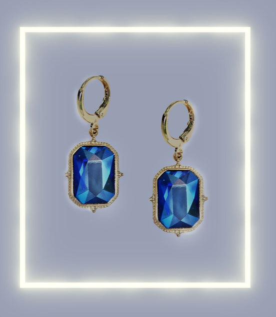 Crystal emerald cut drop earrings,cobalt  shimmer,18k gold plated