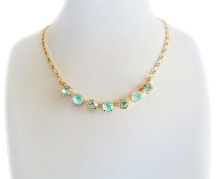 Crystal chain necklace soft greens,yellow gold