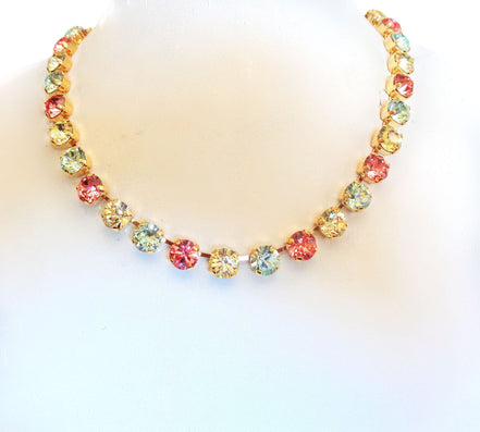 SWEET LAINEY crystal pastel multi colour tennis  necklace,gold plated