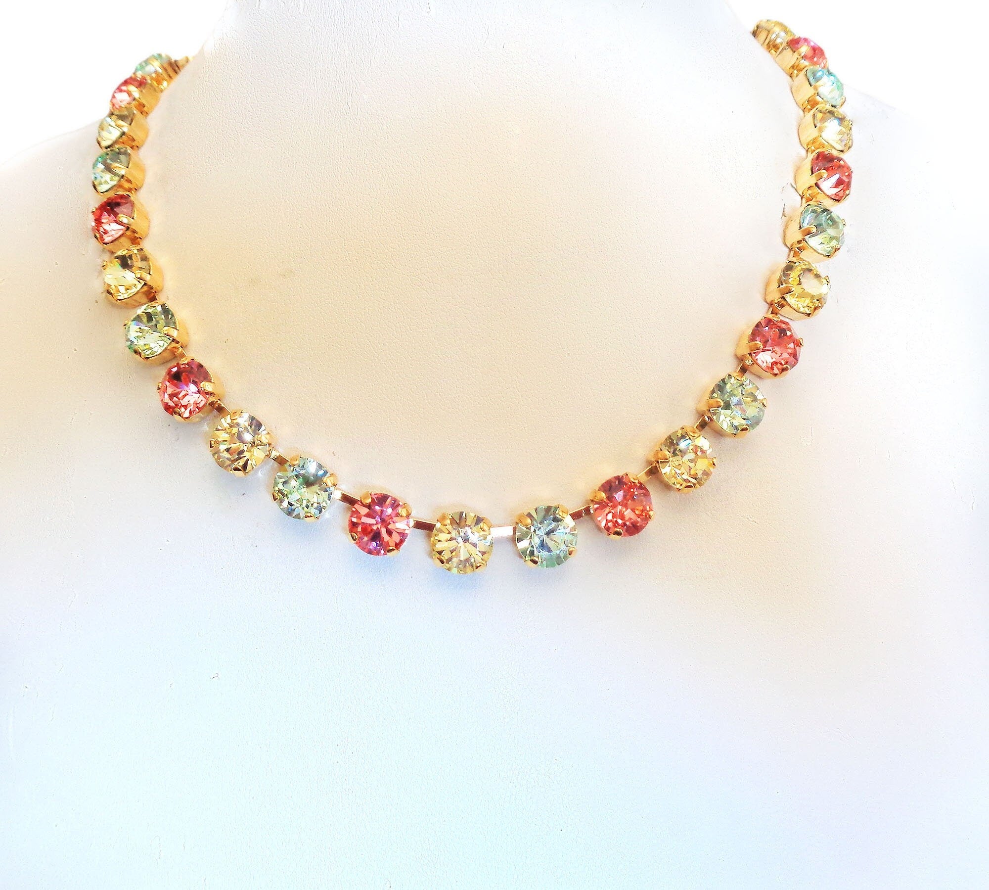 SWEET LAINEY crystal pastel multi colour tennis  necklace,gold plated