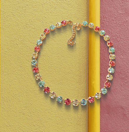 SWEET LAINEY crystal pastel multi colour tennis  necklace,gold plated