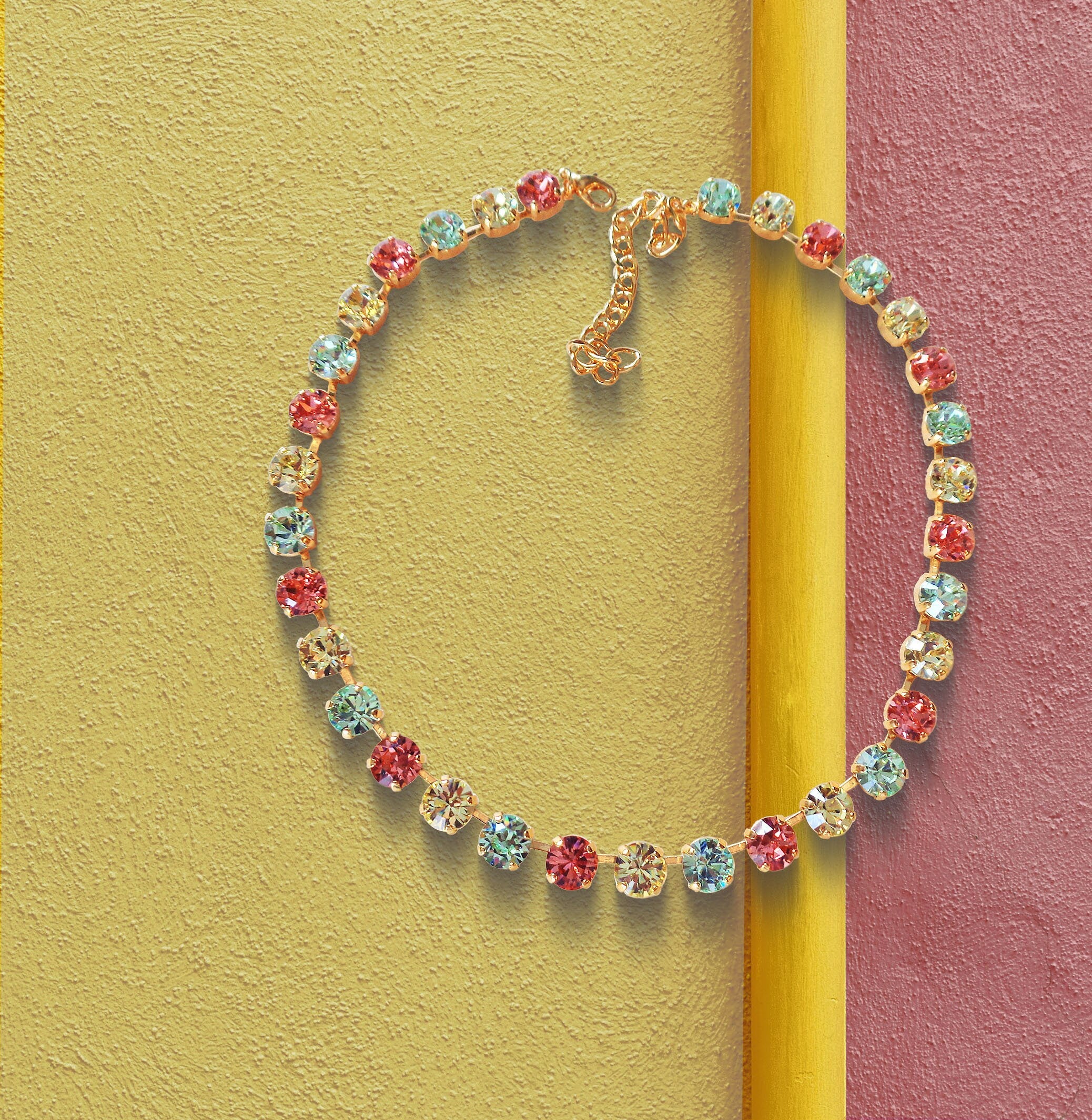SWEET LAINEY crystal pastel multi colour tennis  necklace,gold plated