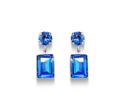 Crystal rectangular stud and drop earrings  ice blue ,rhodium silver plated
