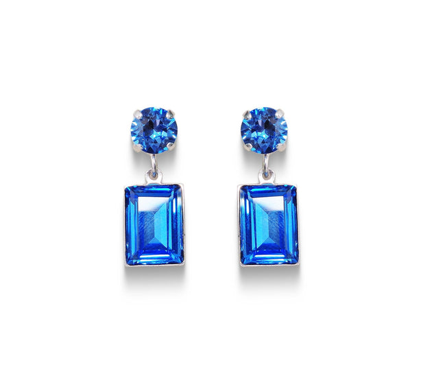 Crystal rectangular stud and drop earrings  ice blue ,rhodium silver plated