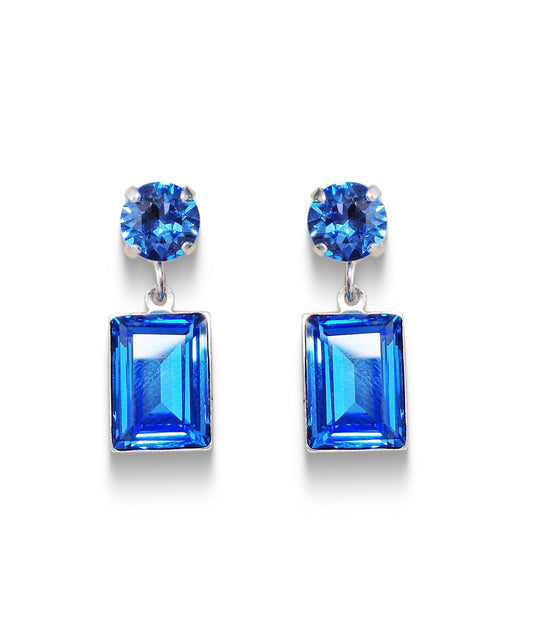 Crystal rectangular stud and drop earrings  ice blue ,rhodium silver plated