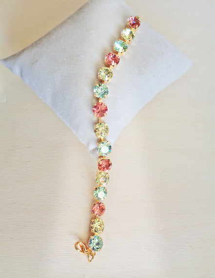 SWEET LAINEY crystal pastel multi colour tennis bracelet ,gold plated