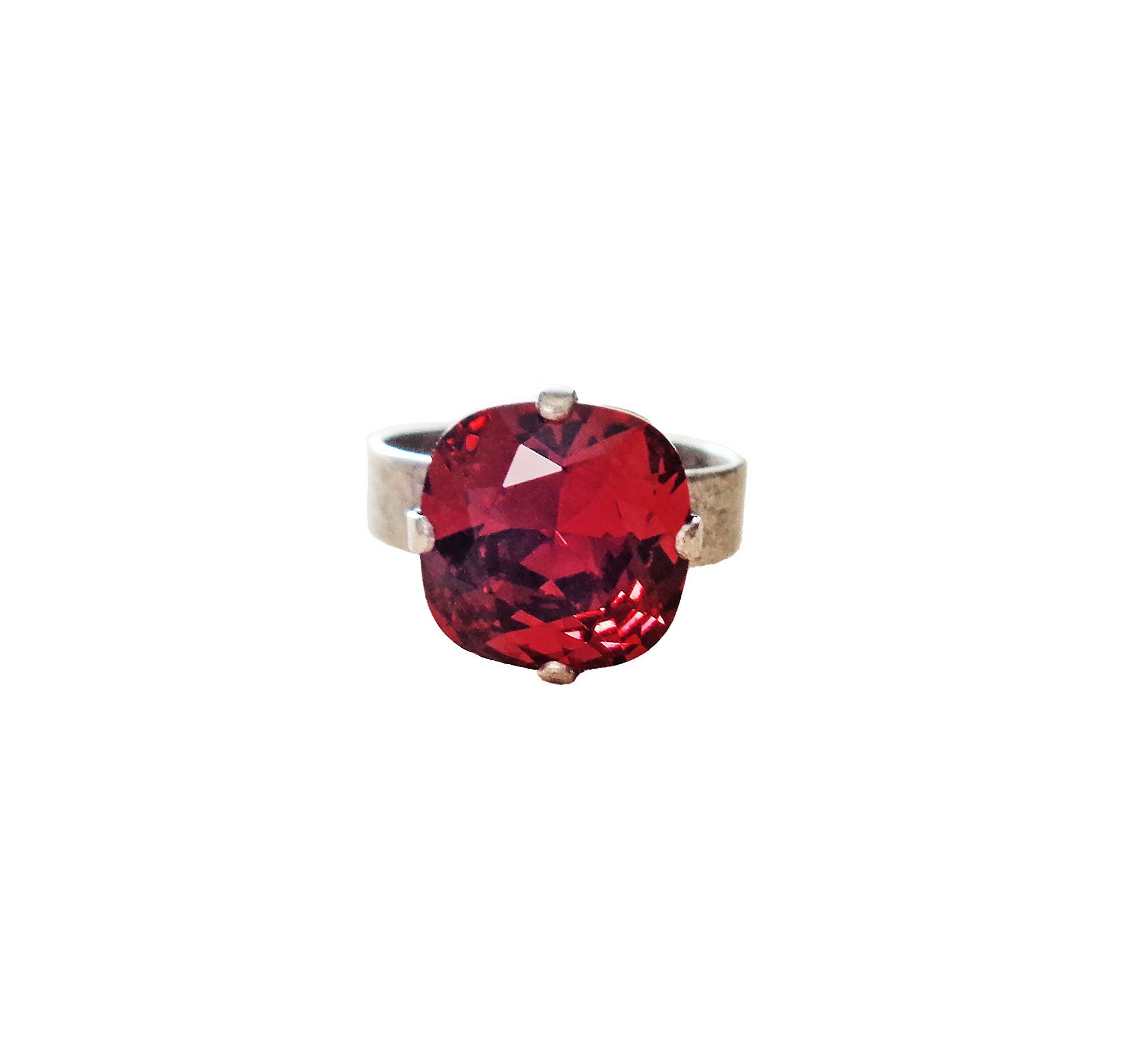 Crystal square stone ring,red ,antique silver