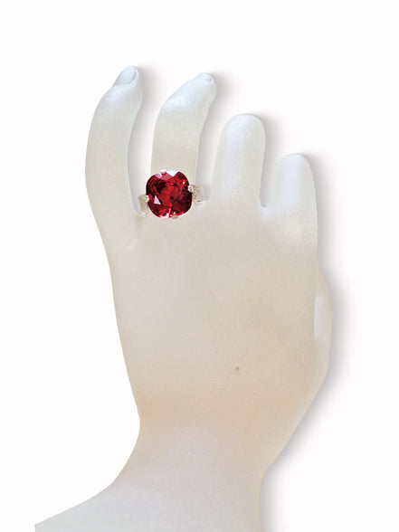 Crystal square stone ring,red ,antique silver