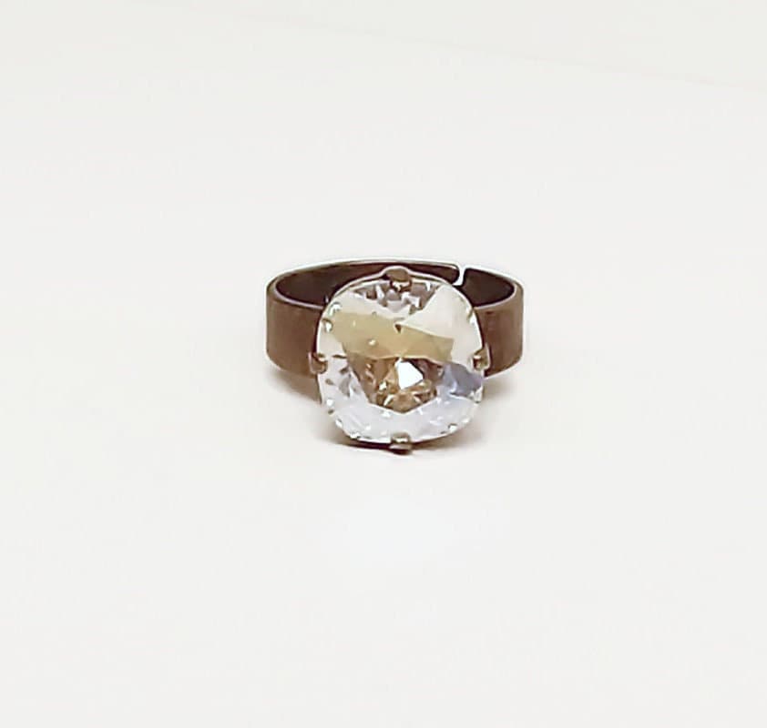 Crystal square stone ring,crystal moonlight,antique brass