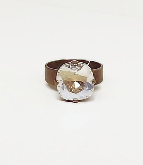 Crystal square stone ring,crystal moonlight,antique brass