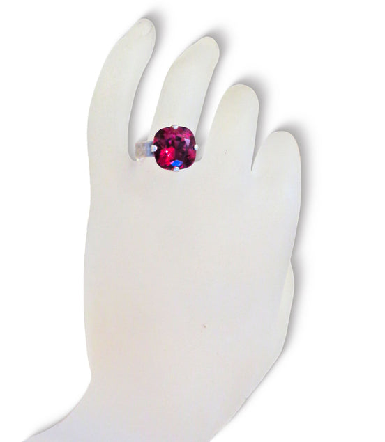 Crystal square stone ring ,ruby red,antique silver