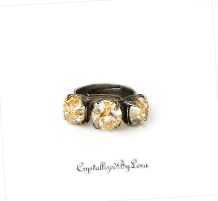 Crystal three stone ring ,golden shadow,antique silver