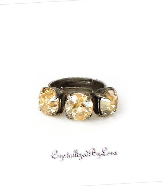 Crystal three stone ring ,golden shadow,antique silver