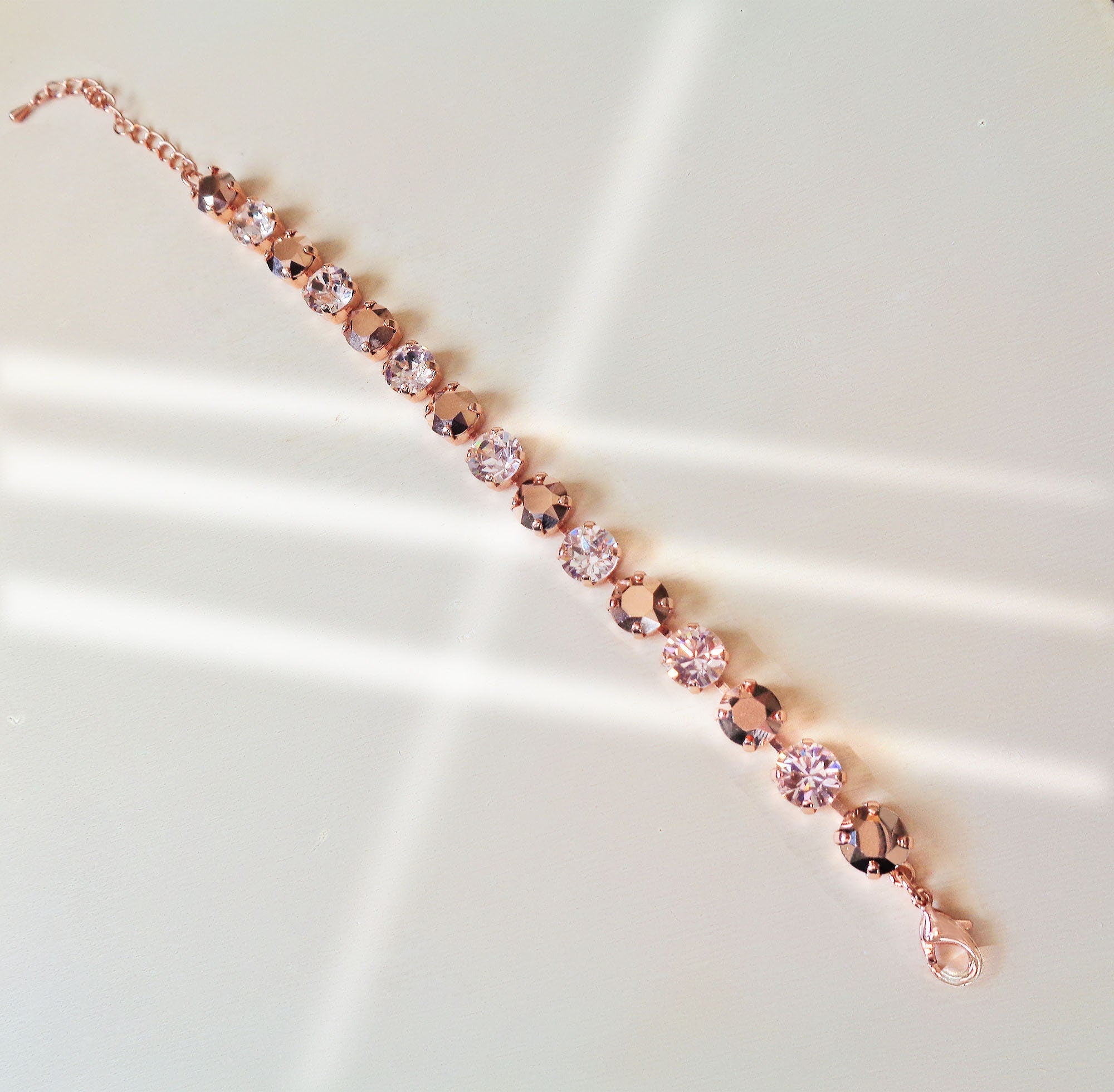 Austrian crystal tennis bracelet rose gold and silk, rose gold