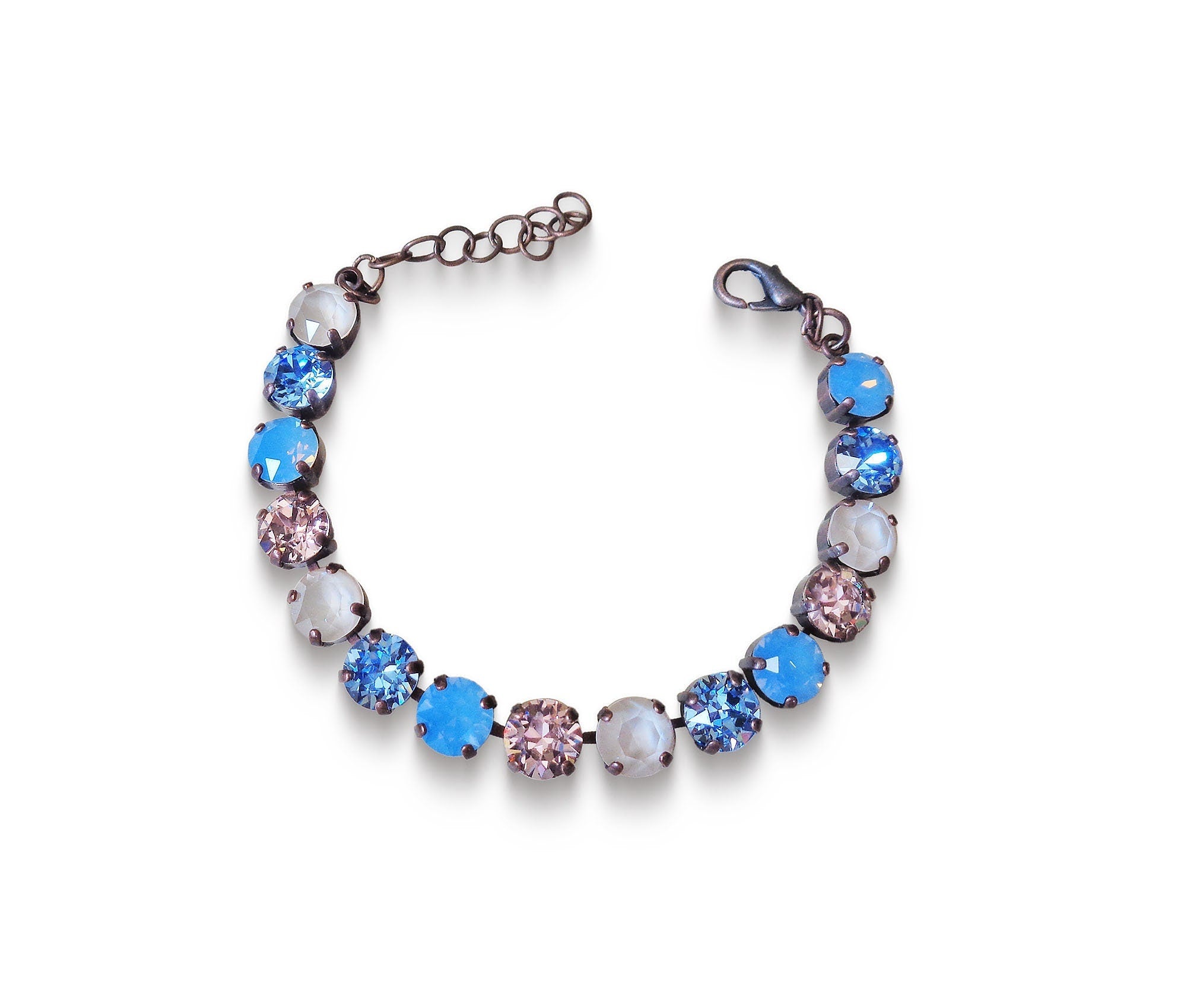 SOFT AND CHIC Crystal tennis bracelet soft blue and cream,antique copper