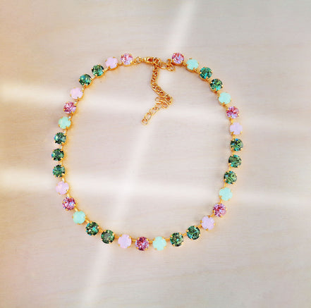 ROSE GARDEN crystal  tennis  necklace, erinite/light rose,gold plated